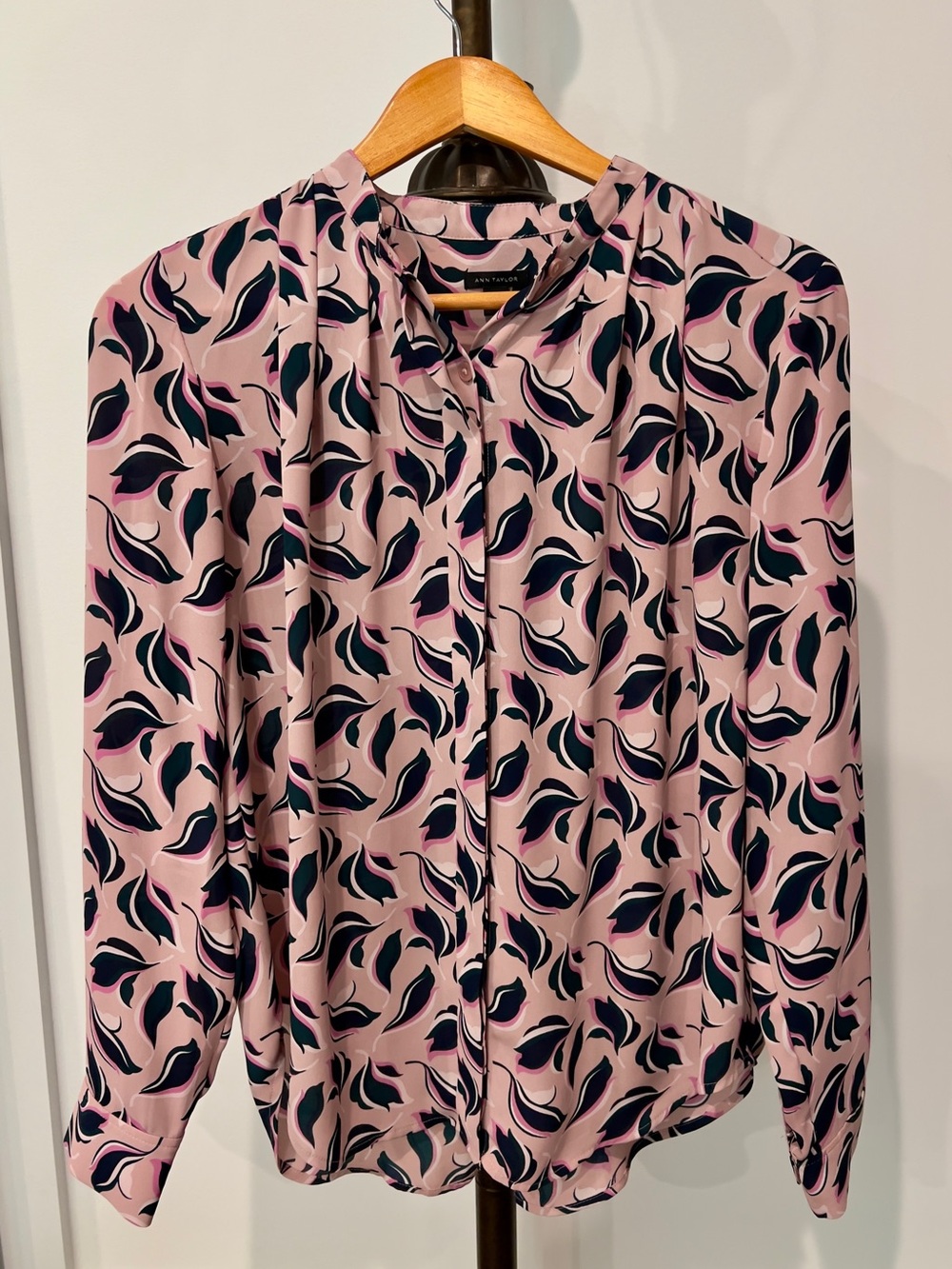 Ann Taylor Pink Blouse with Navy and Dark Pink Leaf Print